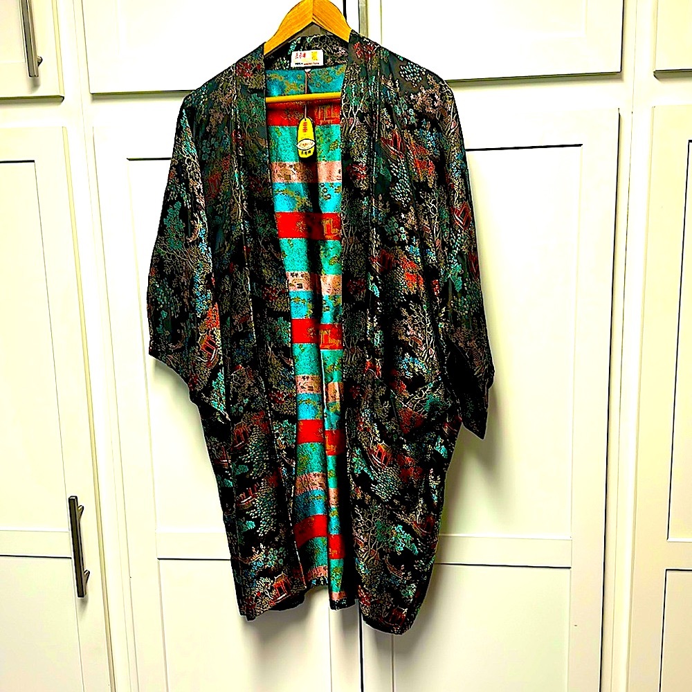 Vintage Multicolored Chinese Longevity Kimono Robe – Deadstock, Sz XL